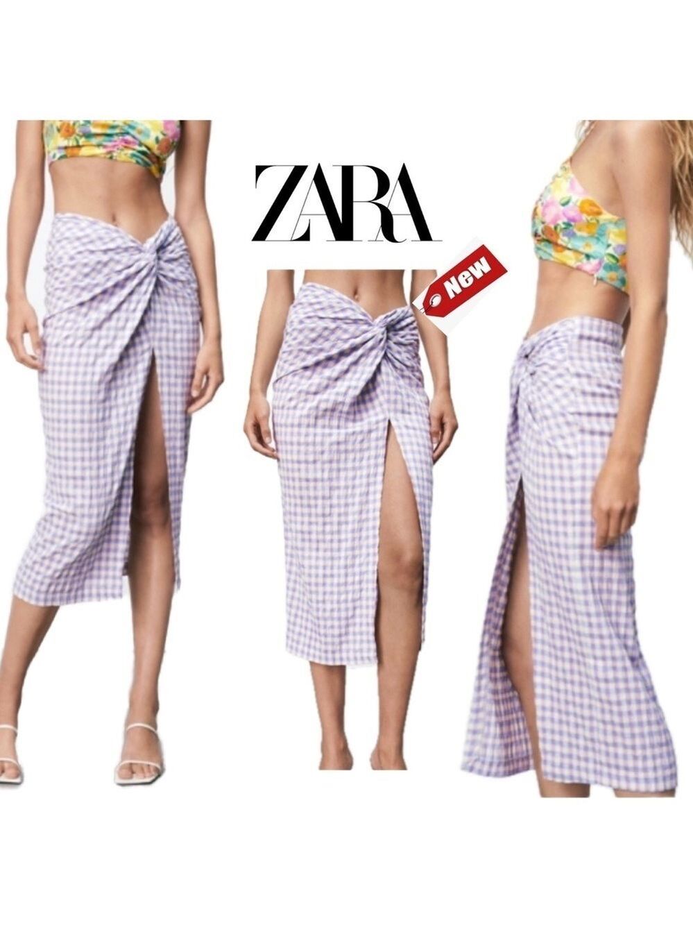 Zara purple blue plaid check front high slit twist knot midi pencil skirt S NWT